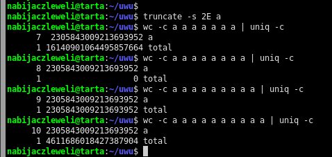 $ truncate -s 2E a $ wc -c a a a a a a a | uniq -c       7  2305843009213693952 a       1 16140901064495857664 total $ wc -c a a a a a a a a | uniq -c       8 2305843009213693952 a       1                   0 total $ wc -c a a a a a a a a a | uniq -c       9 2305843009213693952 a       1 2305843009213693952 total $ wc -c a a a a a a a a a a | uniq -c      10 2305843009213693952 a       1 4611686018427387904 total