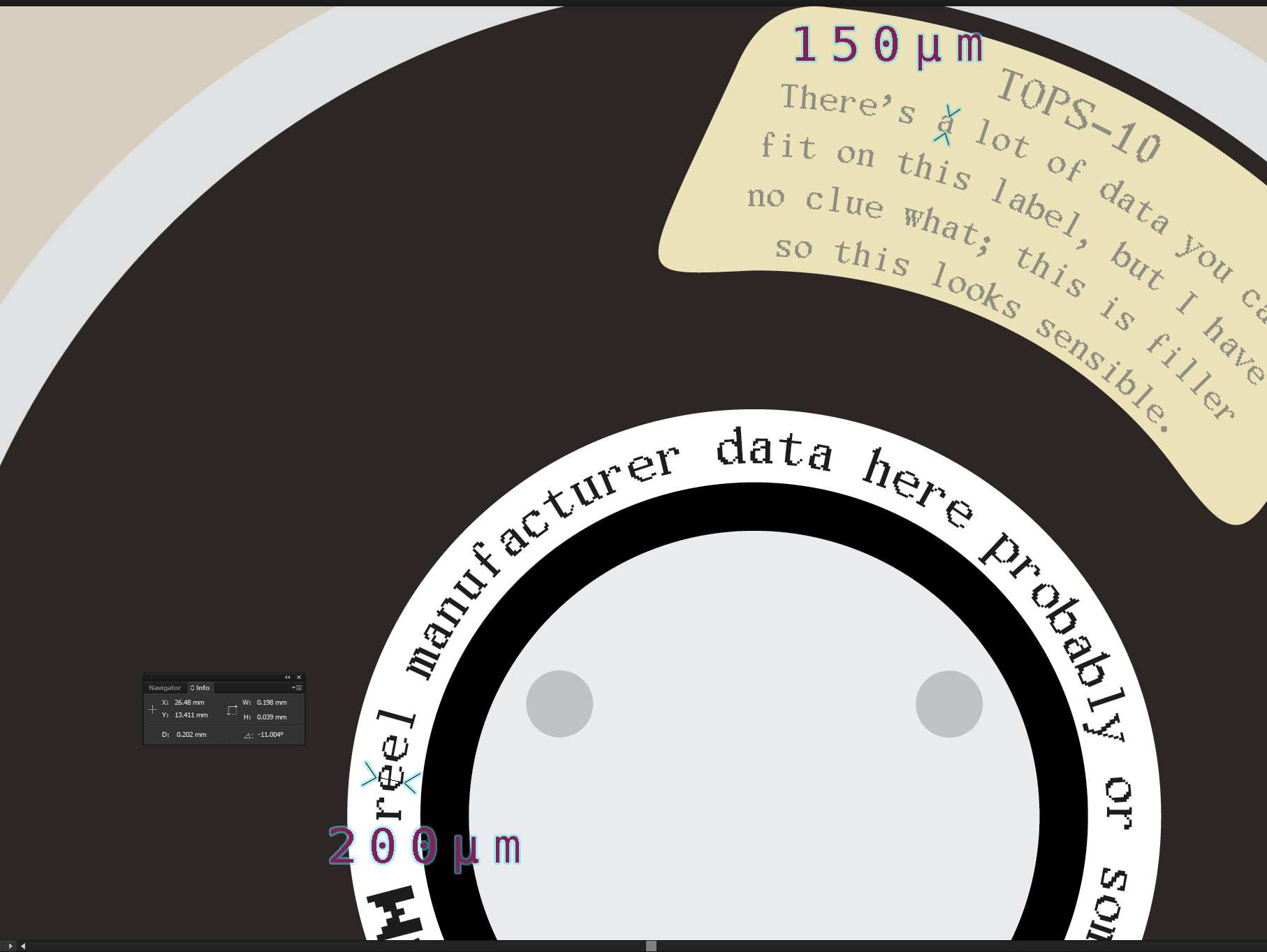 subsection, two bits of text highlighted: black-on-white marked 200μm and grey-on-beige marked 150μm