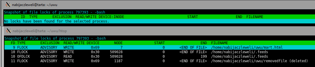 two htops over-laid, same process: the bottom layer lists no locks, the top layer lists many different locks in a vastly improved format