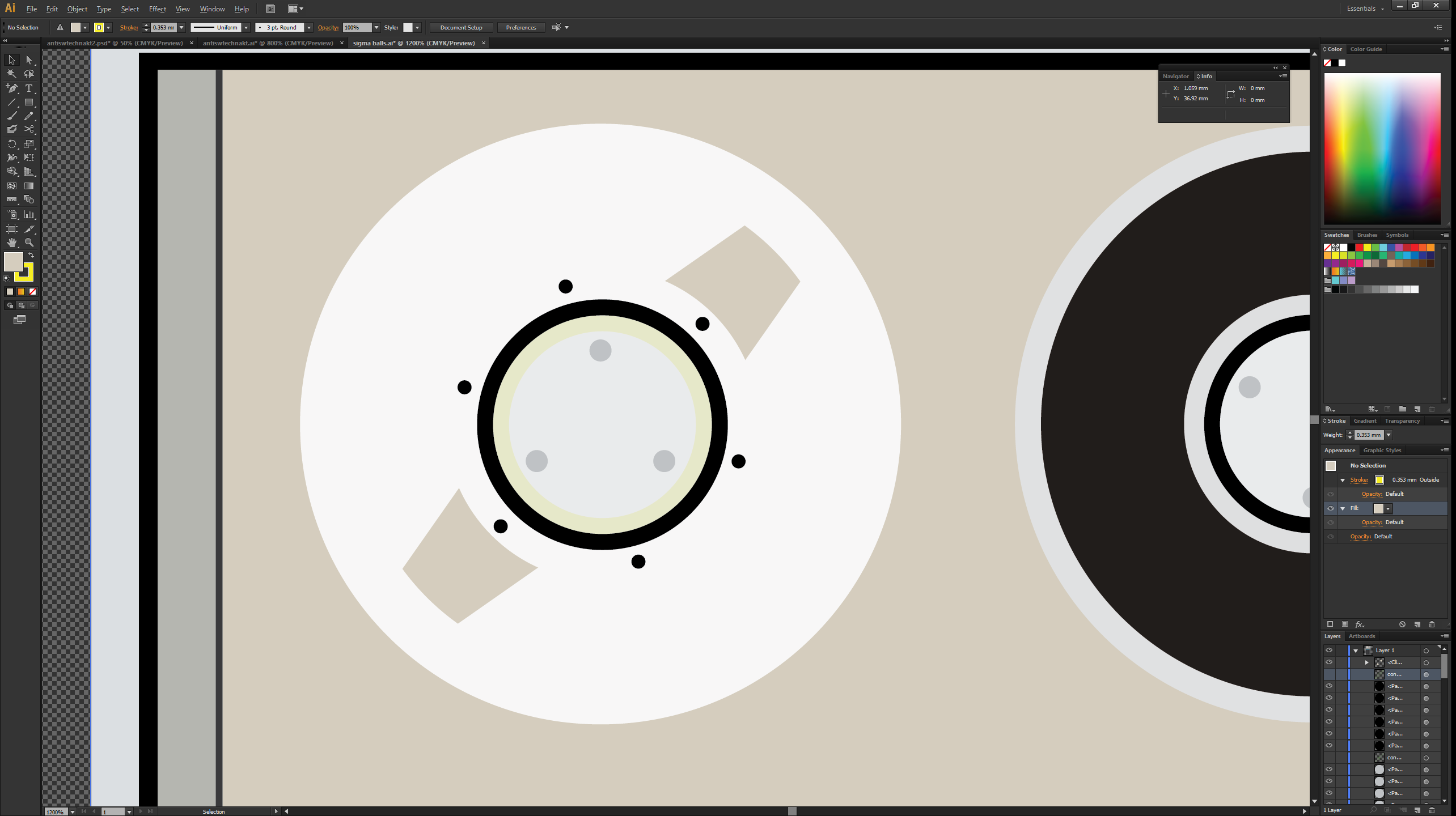 construction lines hidden, now the visible circle segments are obvious cut-outs that follow a natural punch-out profile