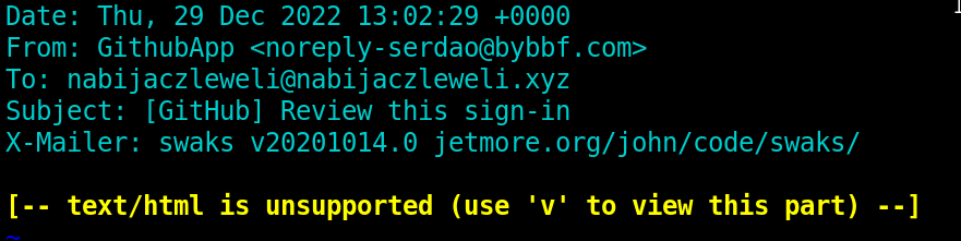Date: Thu, 29 Dec 2022 13:02:29 +0000 From: GithubApp <noreply-serdao@bybbf.com> To: nabijaczleweli@nabijaczleweli.xyz Subject: [GitHub] Review this sign-in X-Mailer: swaks v20201014.0 jetmore.org/john/code/swaks/