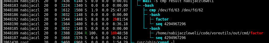 two identical pipelines factorising all integers up to 2^32, but with different factor implementations; one has clocked in 2h01:54, the other 18h48:58