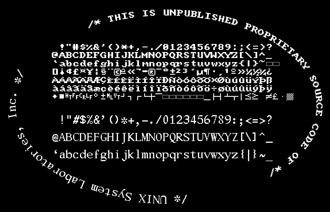 demo dump of 224 characters of AMIX topaz/96 of AMIX sunfont, surrounded by ellipsis-wrapped text /* THIS IS UNPUBLISHED PROPRIETARY SIURCE CODE OF */ /* UNIX Ssystem Laboratories, Inc. */